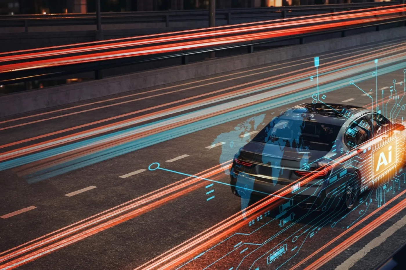 Vehicle on a night highway with red light trails and a blue AI data layer